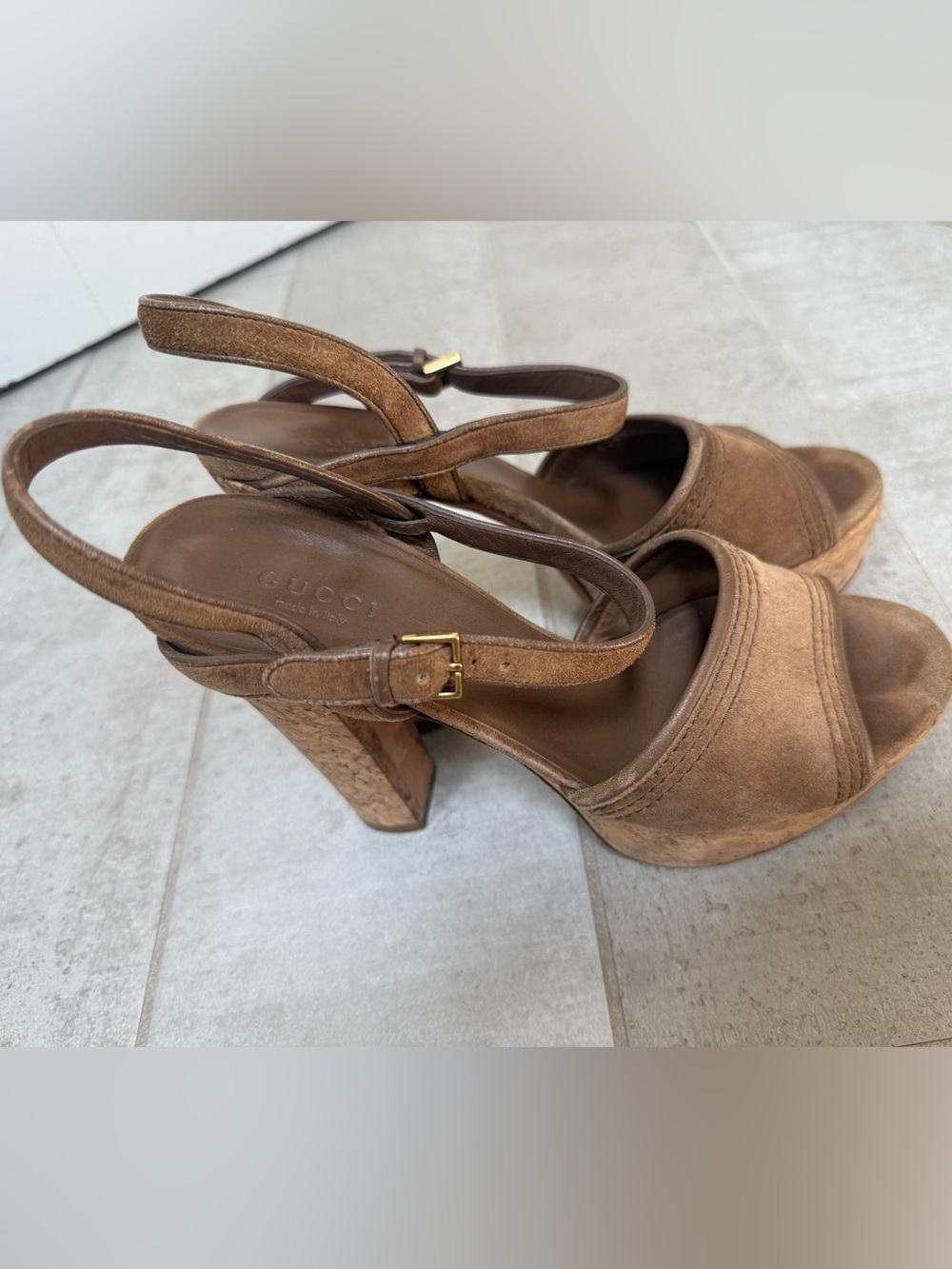 Gucci Tan Suede Cork Platform Sandals